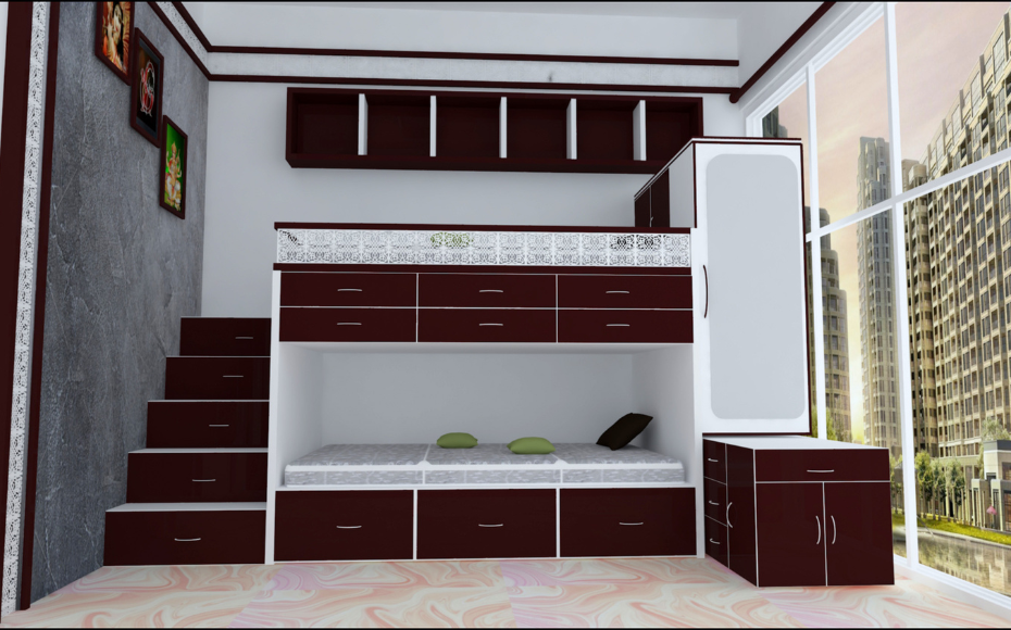 Modern kids' bedroom with a dark red and white bunk bed, stairs on the left, and multiple drawers for storage, near a large window.