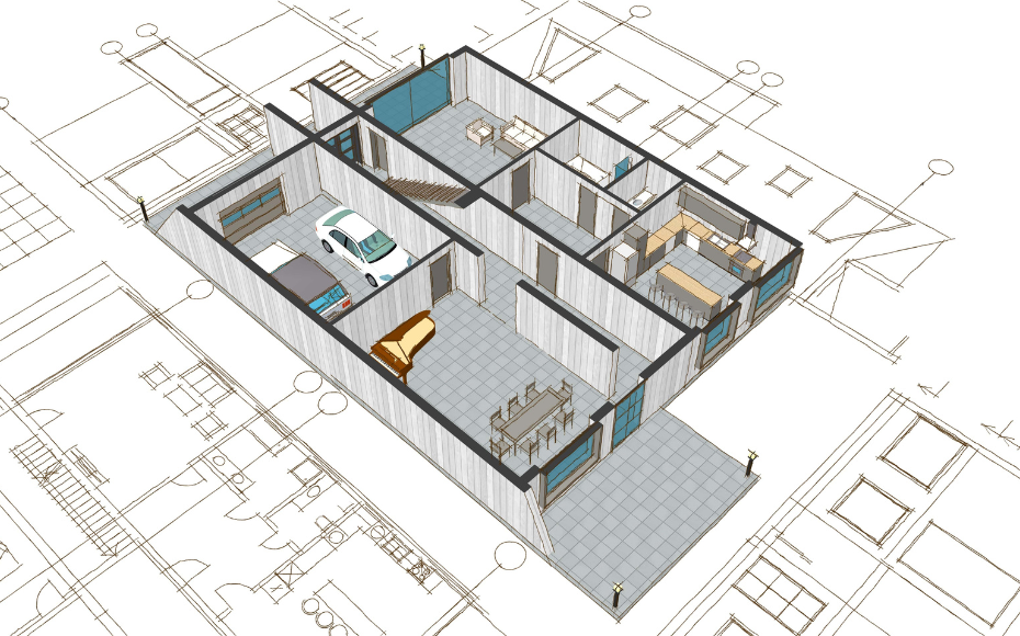 Isometric floor plan of a modern house showing a garage with a car, living room, dining area, kitchen, and bedrooms.