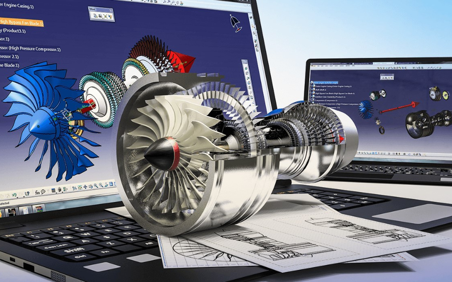 Cross‑sectional jet engine turbine with blades displayed on two laptops running CAD software and blueprints.