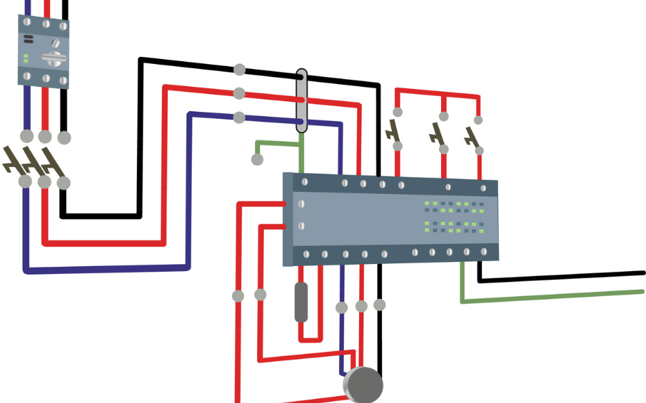 Colorful schematic of an electrical circuit with a blue IC/module, red/black/purple wires, and switches on the right.