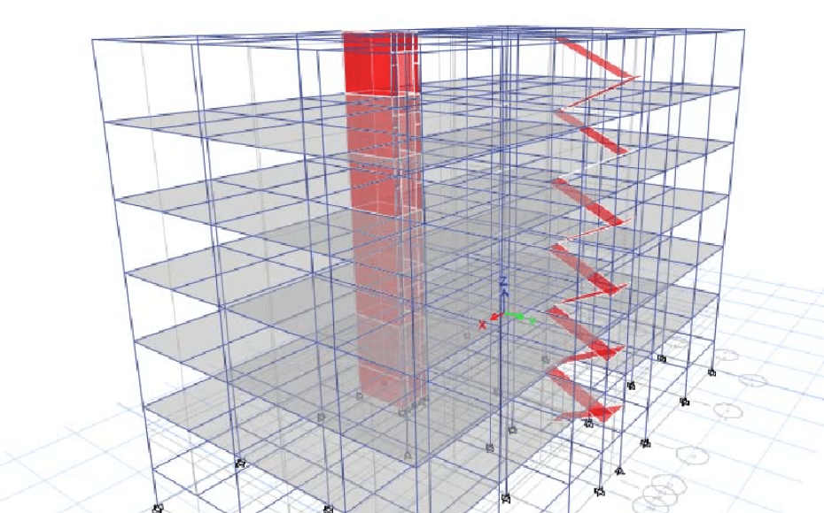 3D wireframe model of a five-story building with a central red vertical core and a red zigzag staircase along the right side.