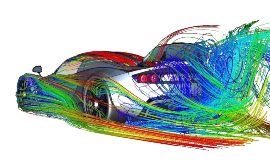 Colorful airflow visualization around a sports car, showing wind patterns and aerodynamics.