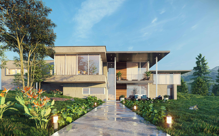 Modern two-story house with large glass windows and a covered balcony, set in a landscaped yard with a stone path and garden lighting
