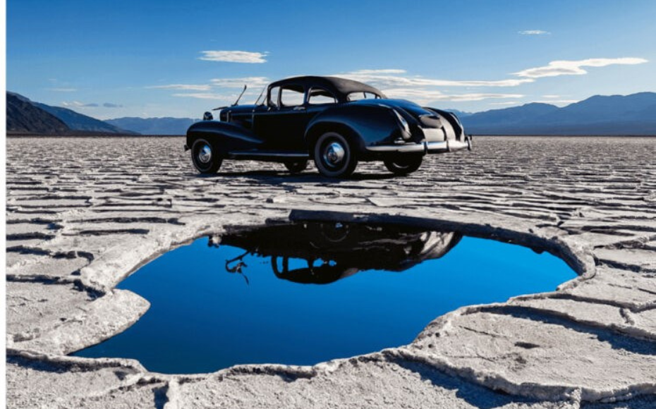 Vintage black car parked on cracked desert ground with a large pool reflecting the car and blue sky in the foreground.
