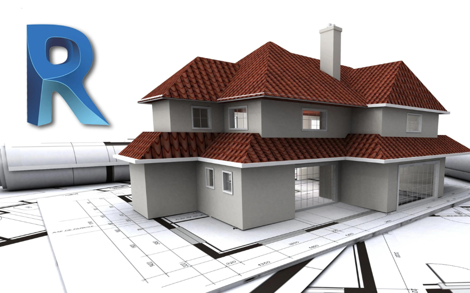 3D model of a two-story house with a red tile roof on architectural blueprints and plans in the background