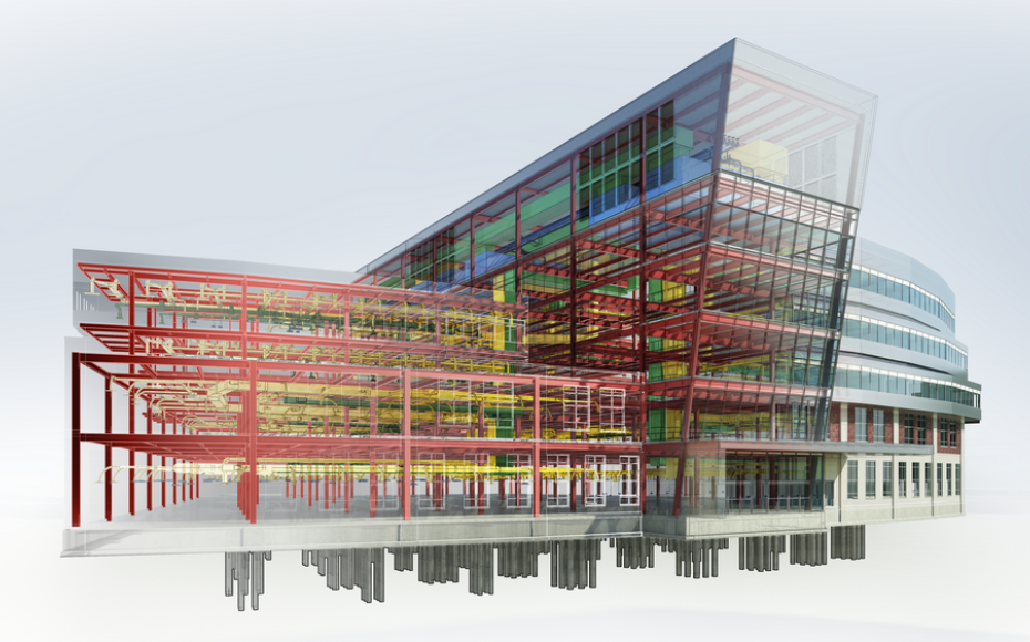 Architectural 3D model of a multistory building showing exposed red steel frame and glass façade, yellow and green interior elements visible.