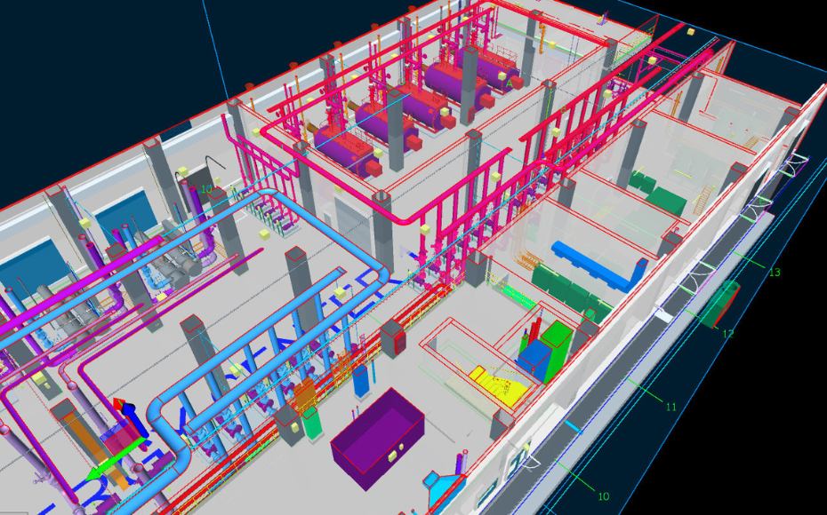 3D isometric view of an industrial facility showing colorful pipes, ducts, and equipment across rooms and corridors (mechanical systems layout).