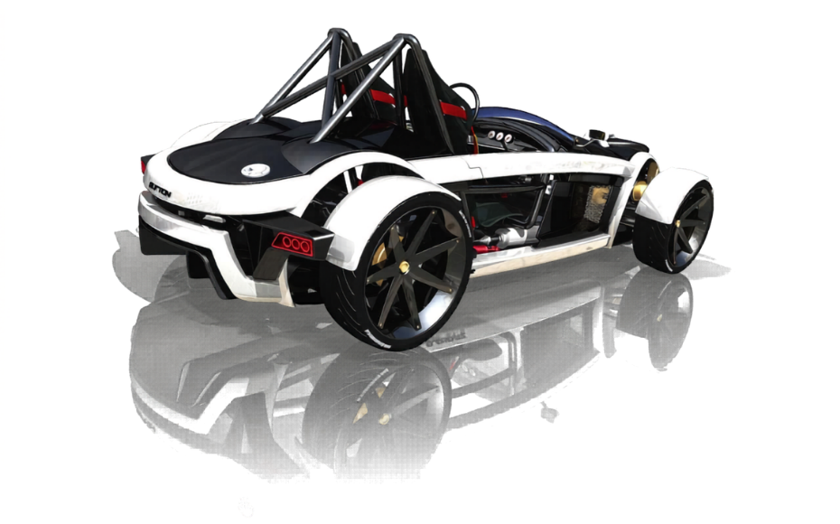 White futuristic open-frame sports car with a roll cage, large black wheels, and red accents, viewed from rear-left with a glossy reflection.