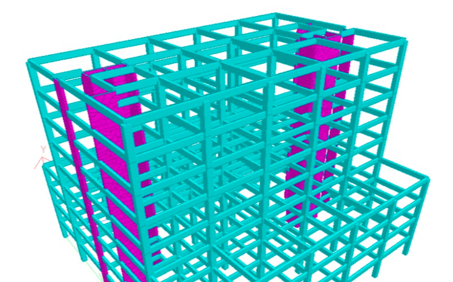3D color-coded steel frame model of a multi-story building showing turquoise beams and magenta interior elements