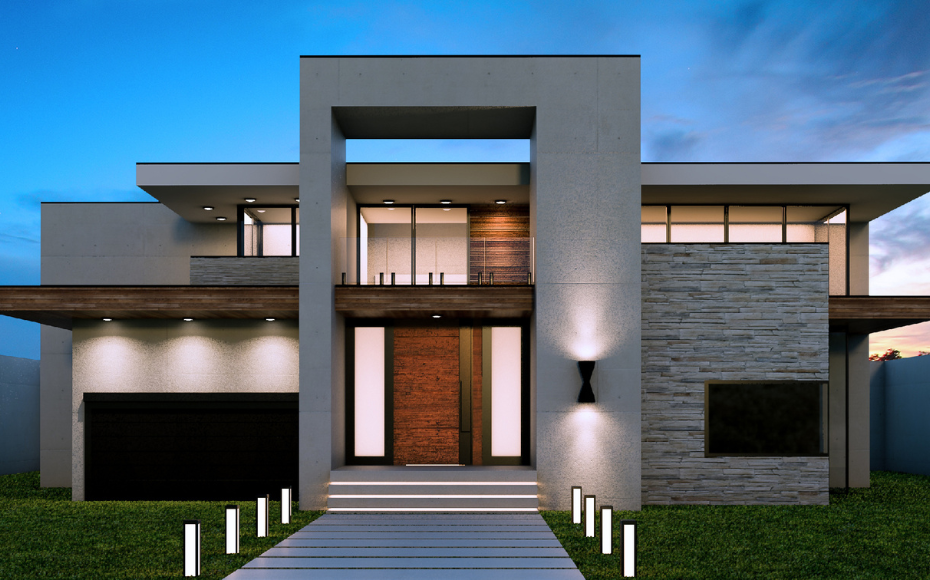 Modern contemporary house exterior at dusk: concrete and stone facade, large front entrance, and a row of ground-level pathway lights along a stone walkway leading to the door.