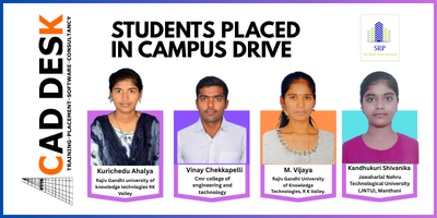 Banner announcing students placed in campus drive, with four student portraits in colorful frames, left vertical 'CAD DESK', logos on the right.