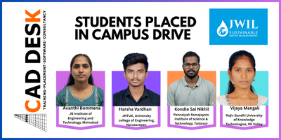 Banner announcing students placed in campus drive, showing five student headshots with colored blocks and logos for CAD DESK and JWIL.