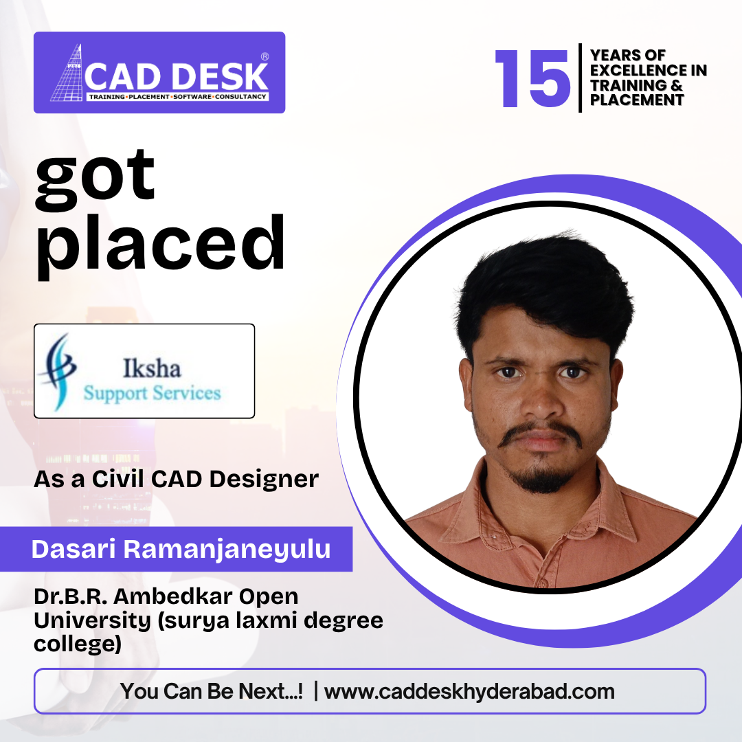 Poster announcing placement: portrait of Dasari Ramanjaneyulu, Civil CAD Designer, with CAD Desk and Iksha logos.