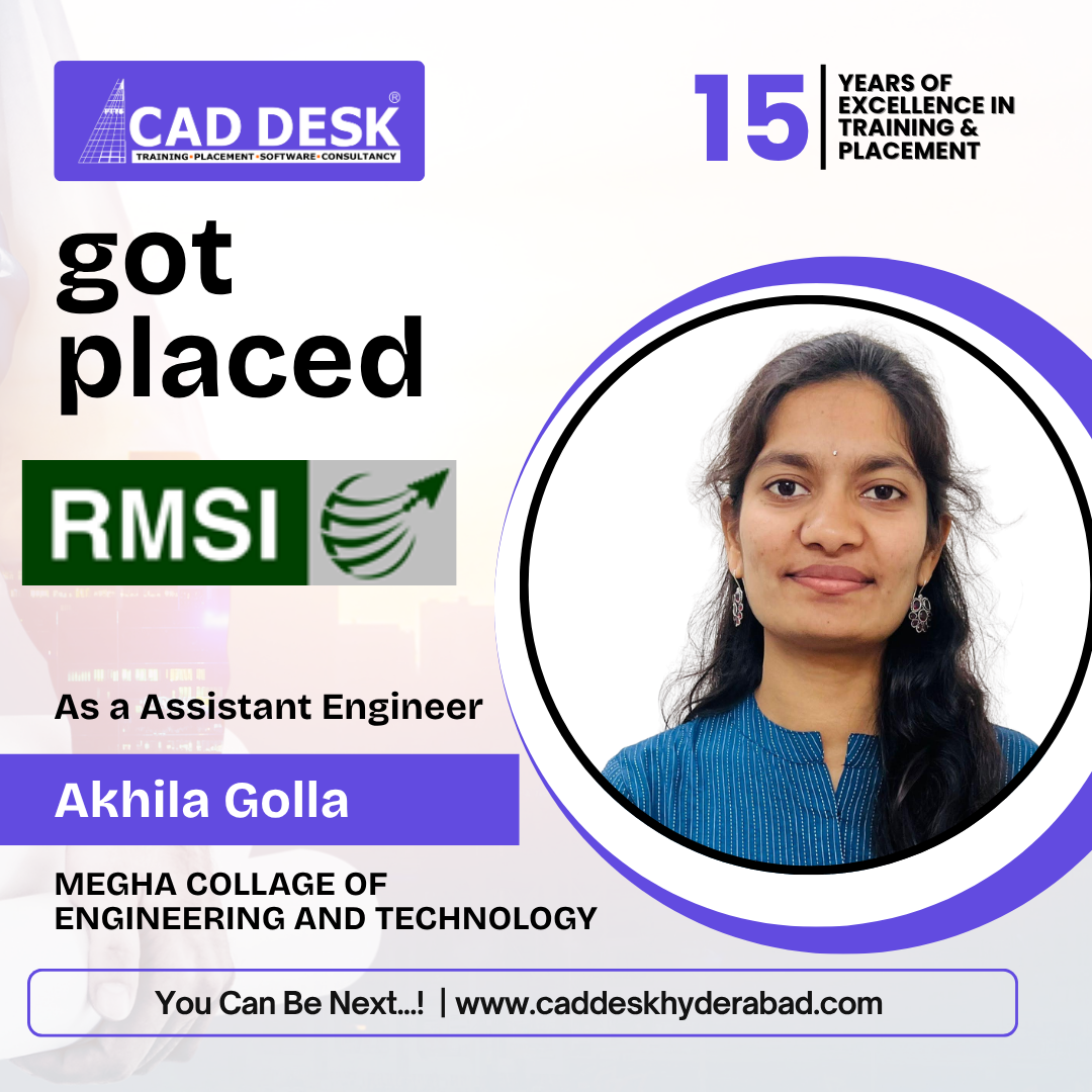 Poster announcing Akhila Golla’s placement as Assistant Engineer at RMSI, from Megha College of Engineering and Technology, CAD Desk Hyderabad.