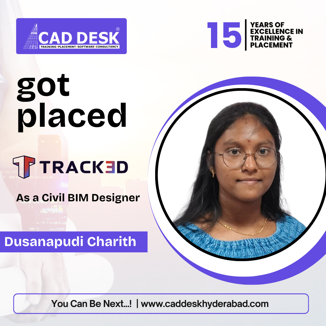 Poster announcing Dusanapudi Charith has been placed as a Civil BIM Designer, with CAD DESK branding and a '15 years of excellence' badge.