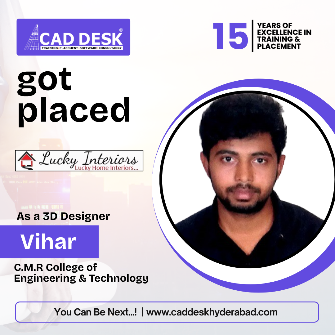 Poster celebrating Vihar's placement as a 3D designer at C.M.R College of Engineering & Technology, with a circular portrait photo of him.