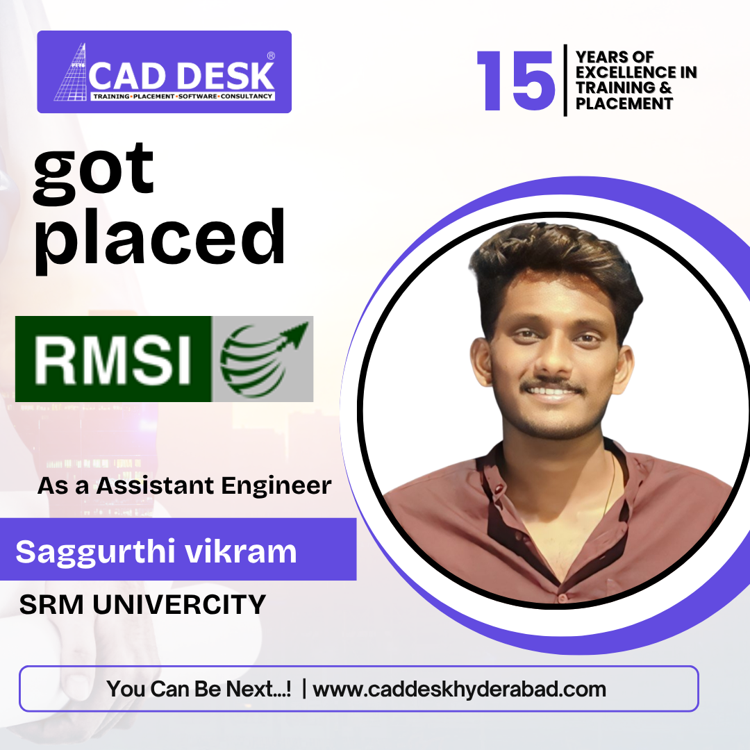 Poster celebrating placement: photo of a young man with circular frame, name Saggurthi Vikram, SRM University, with CAD DESK and RMSI logos and 'got placed' text.
