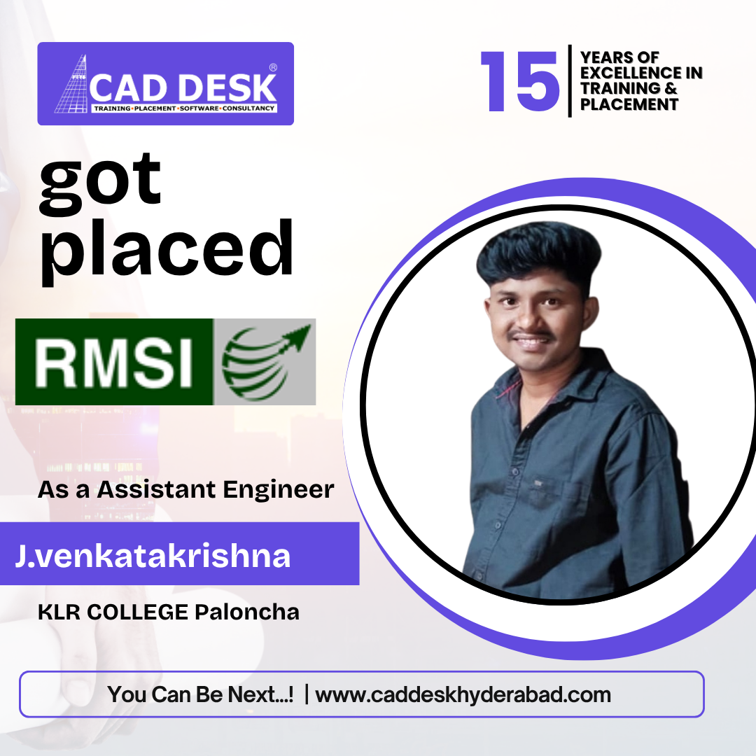 Poster celebrating placement: J. Venkatakrishna as Assistant Engineer at RMSI, with CAD DESK logos.