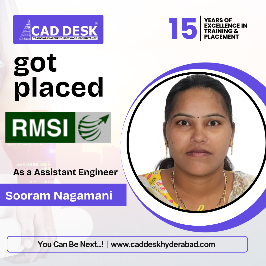 Poster celebrating placement: Sooram Nagamani as an Assistant Engineer, with her photo and CAD DESK and RMSI logos.