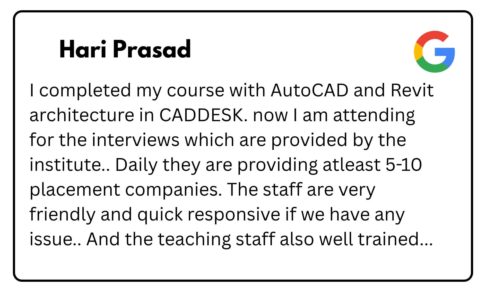 Certificate-style card with the name Hari Prasad, noting completion of AutoCAD and Revit Architecture courses at CADDESK, with a Google logo on the right.