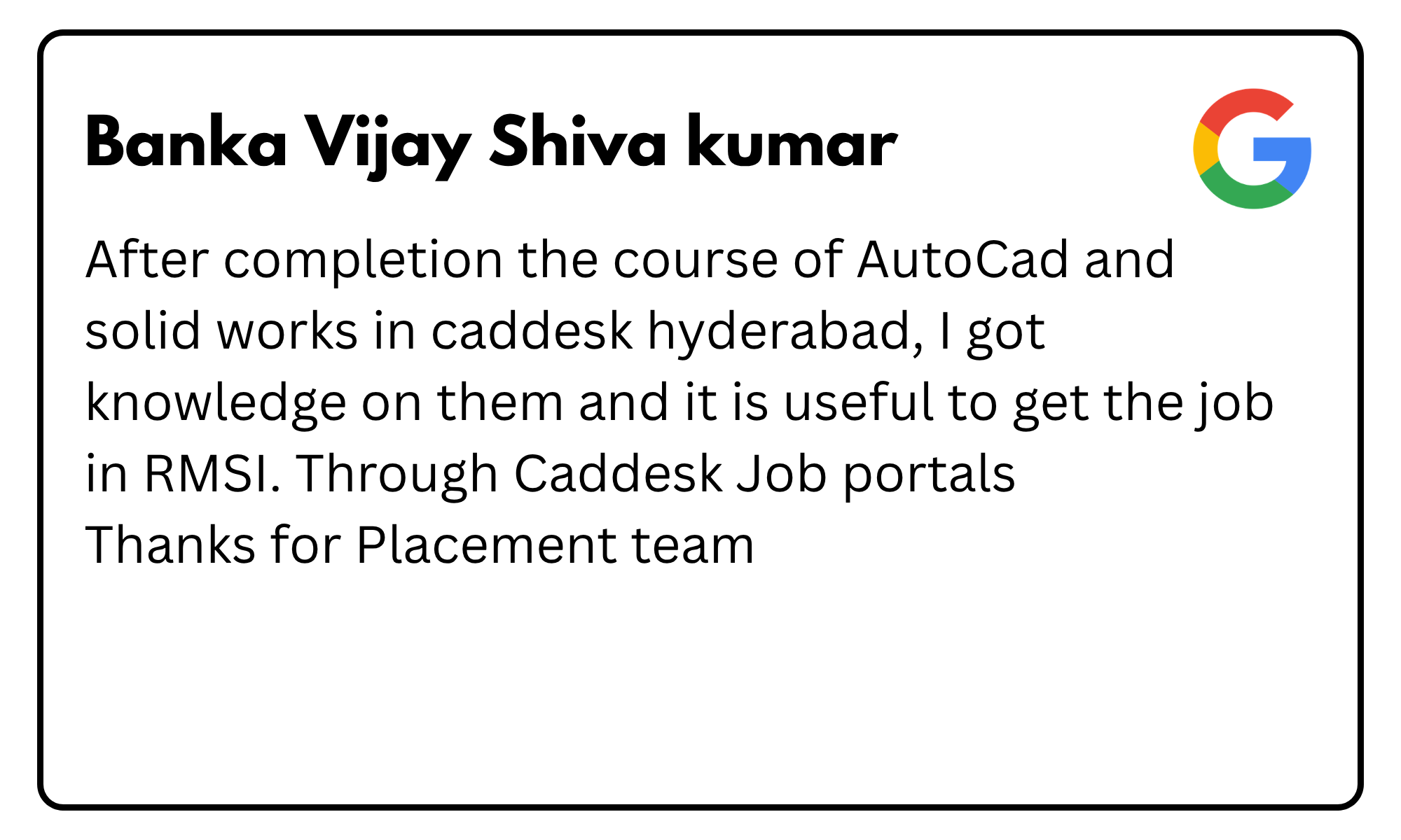 Certificate banner with the name Banka Vijay Shiva kumar and text about completing AutoCAD and SolidWorks, Google logo in corner.