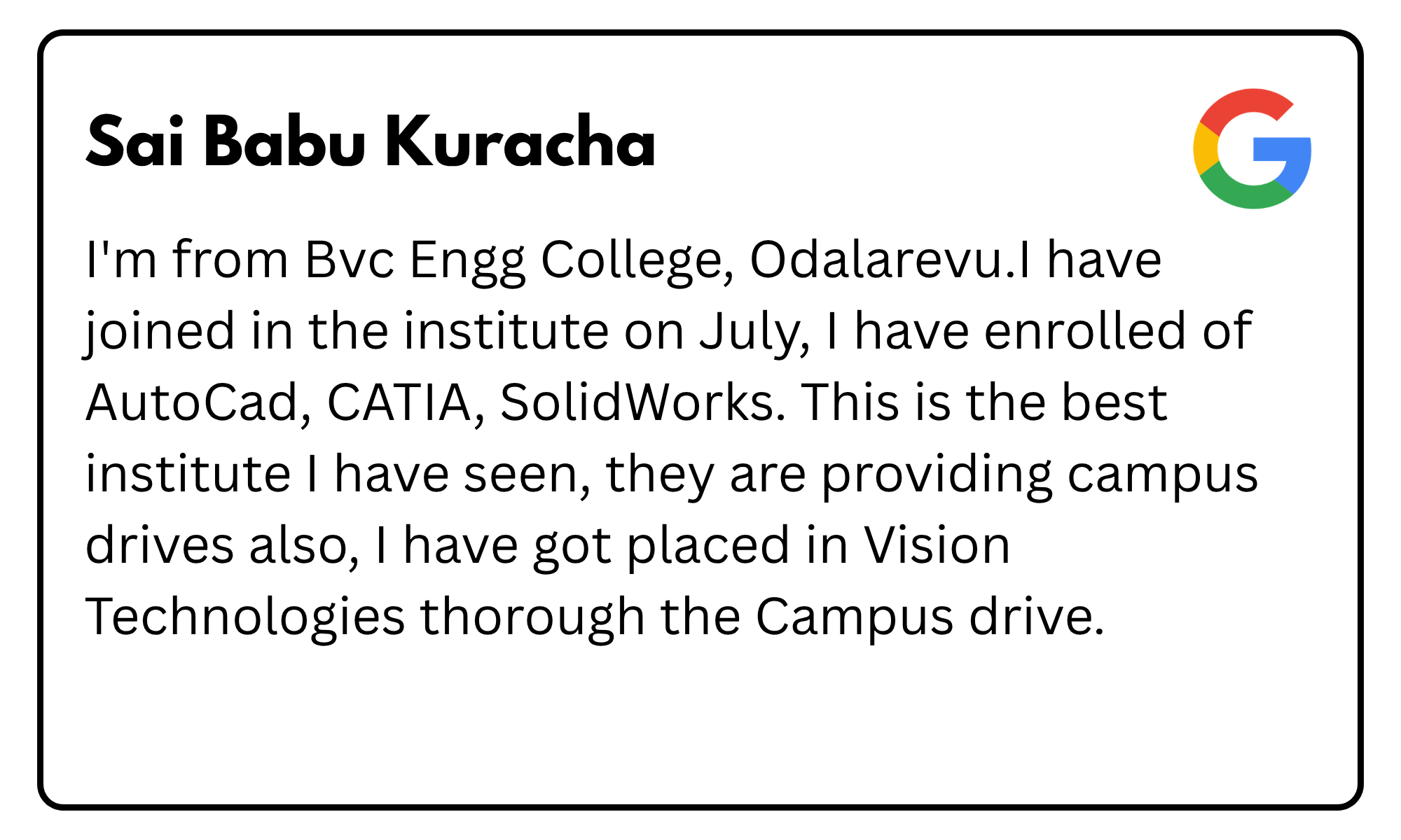 Profile card for Sai Babu Kuracha with a Google logo, outlining college affiliation and software skills mentioned in the caption.