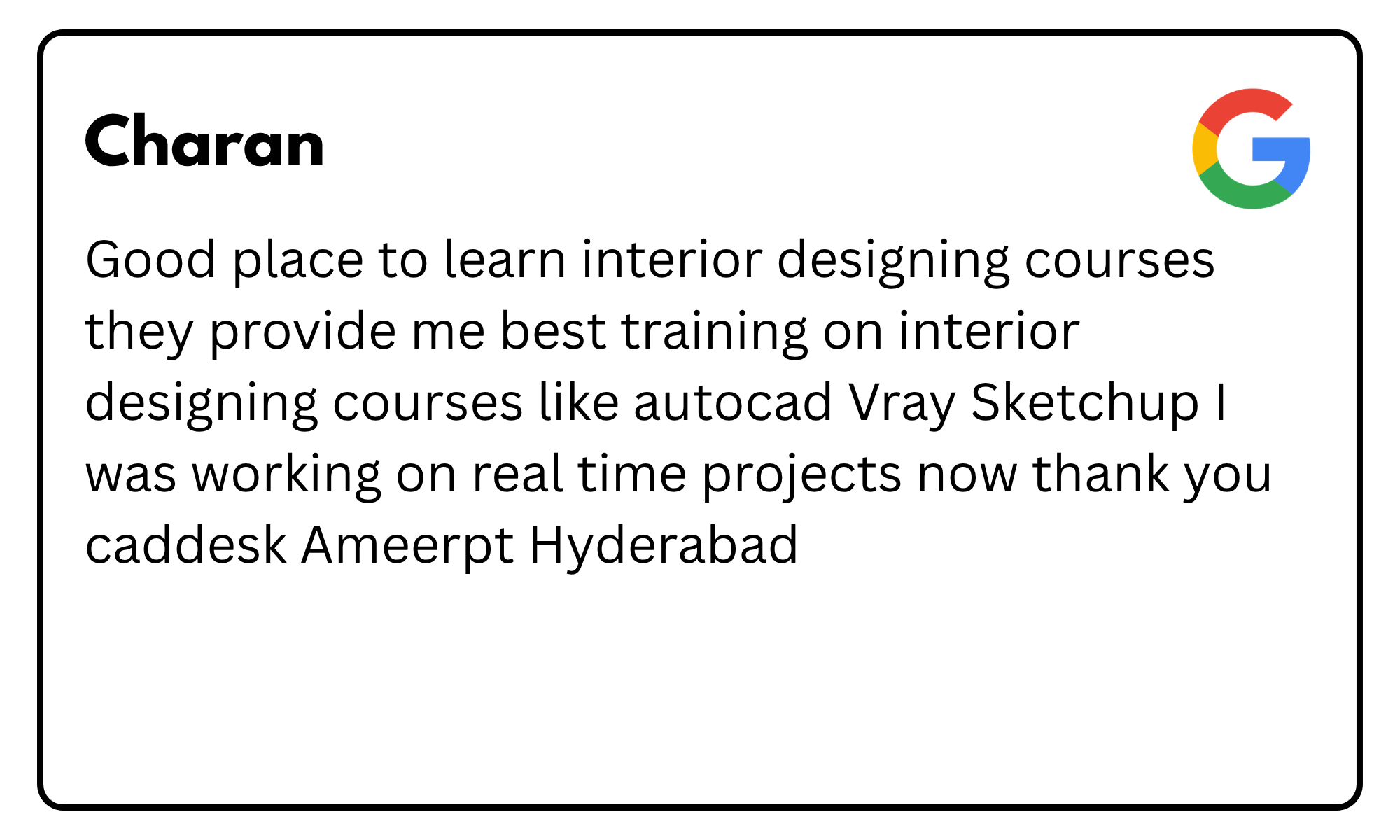 Profile card for Charan with the Google logo in the corner and a long paragraph about interior design courses.