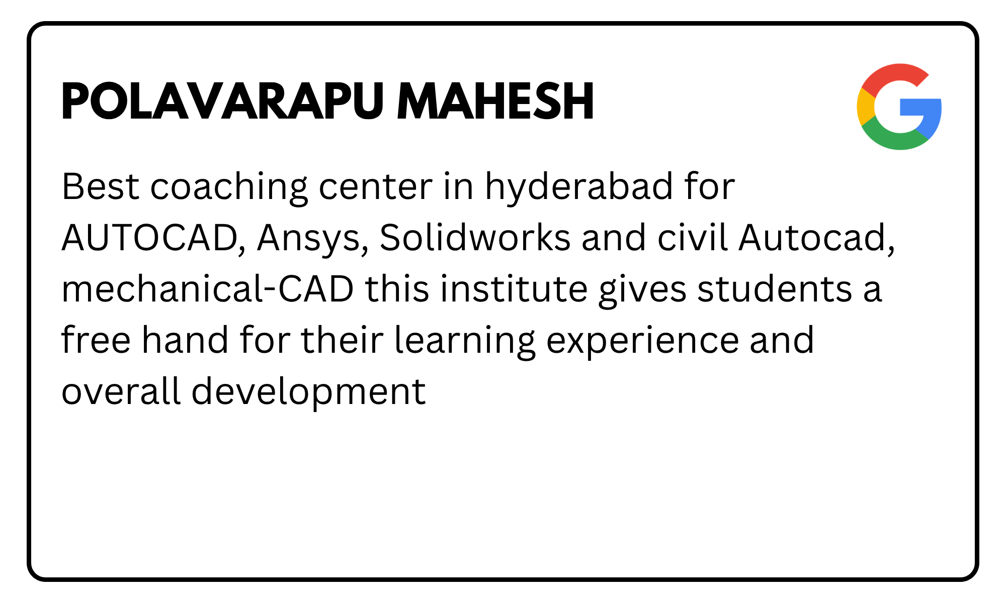 Brand name 'POLAVARAPU MAHESH' with Google logo and a multi-line description about the best CAD coaching center in Hyderabad (AutoCAD, Ansys, SolidWorks).