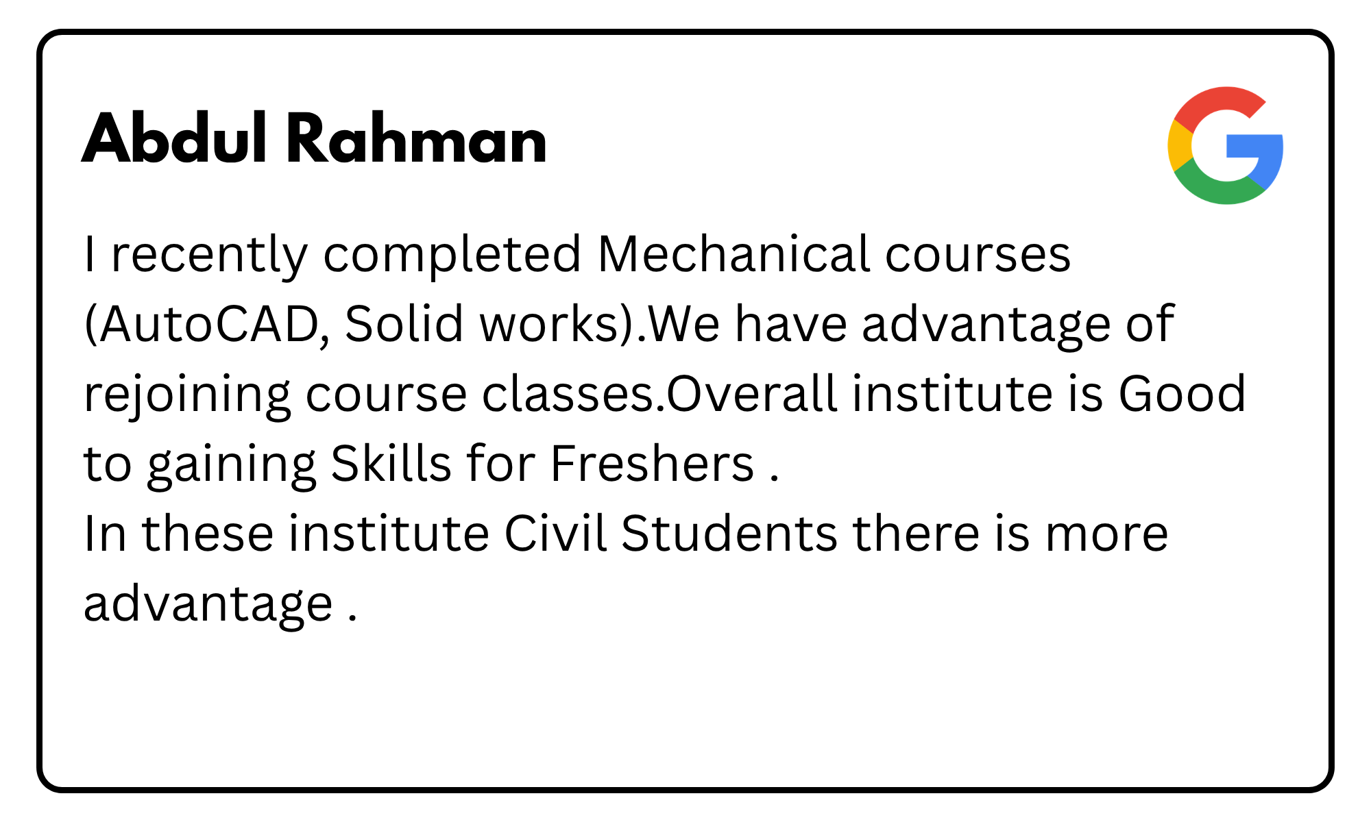Profile card for Abdul Rahman with a brief bio about completing mechanical courses, Google logo in the upper-right corner.