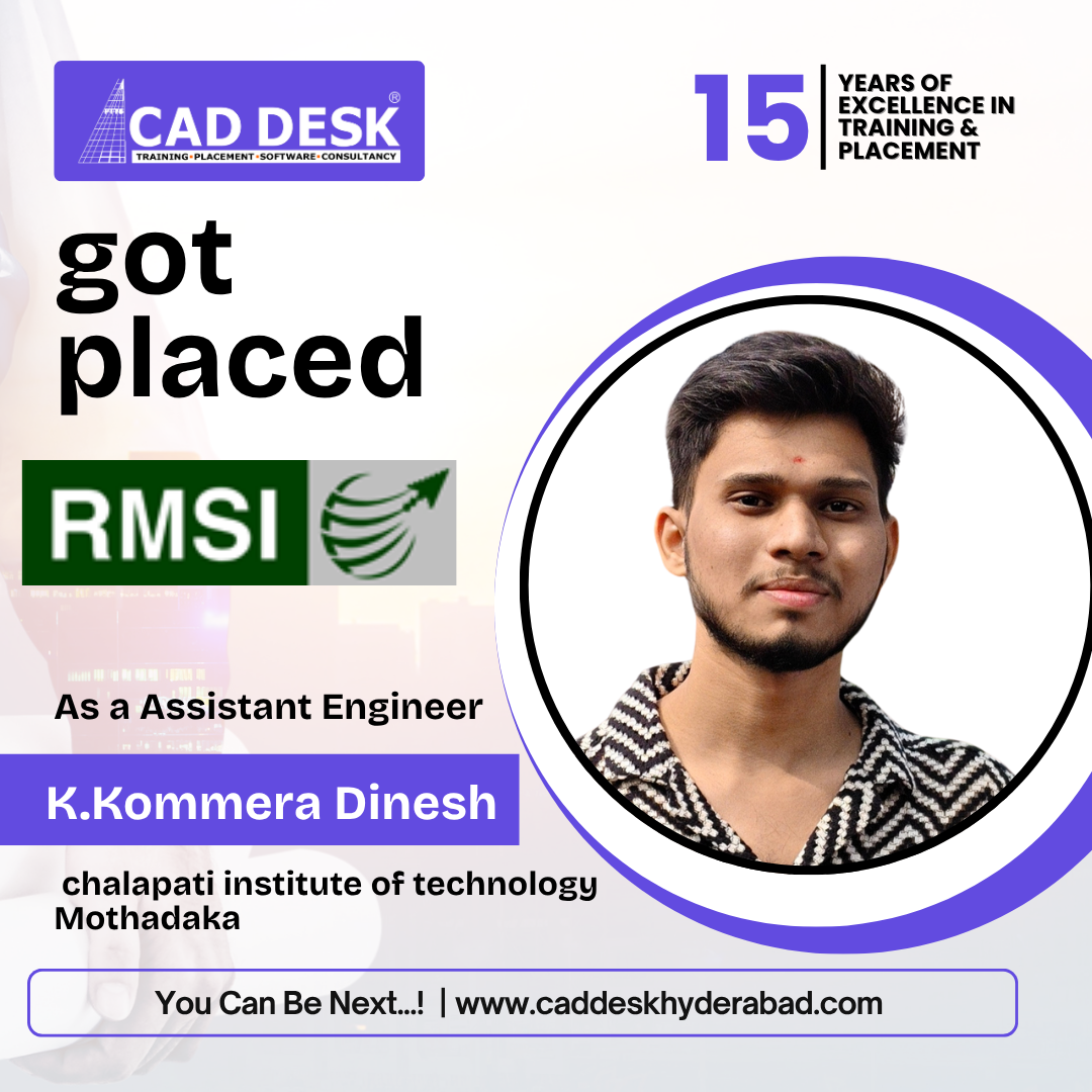 Poster celebrating placement: K. Kommera Dinesh has been placed as Assistant Engineer at RMSI, from Chalapati Institute of Technology, Mothadaka (Cad Desk branding visible).