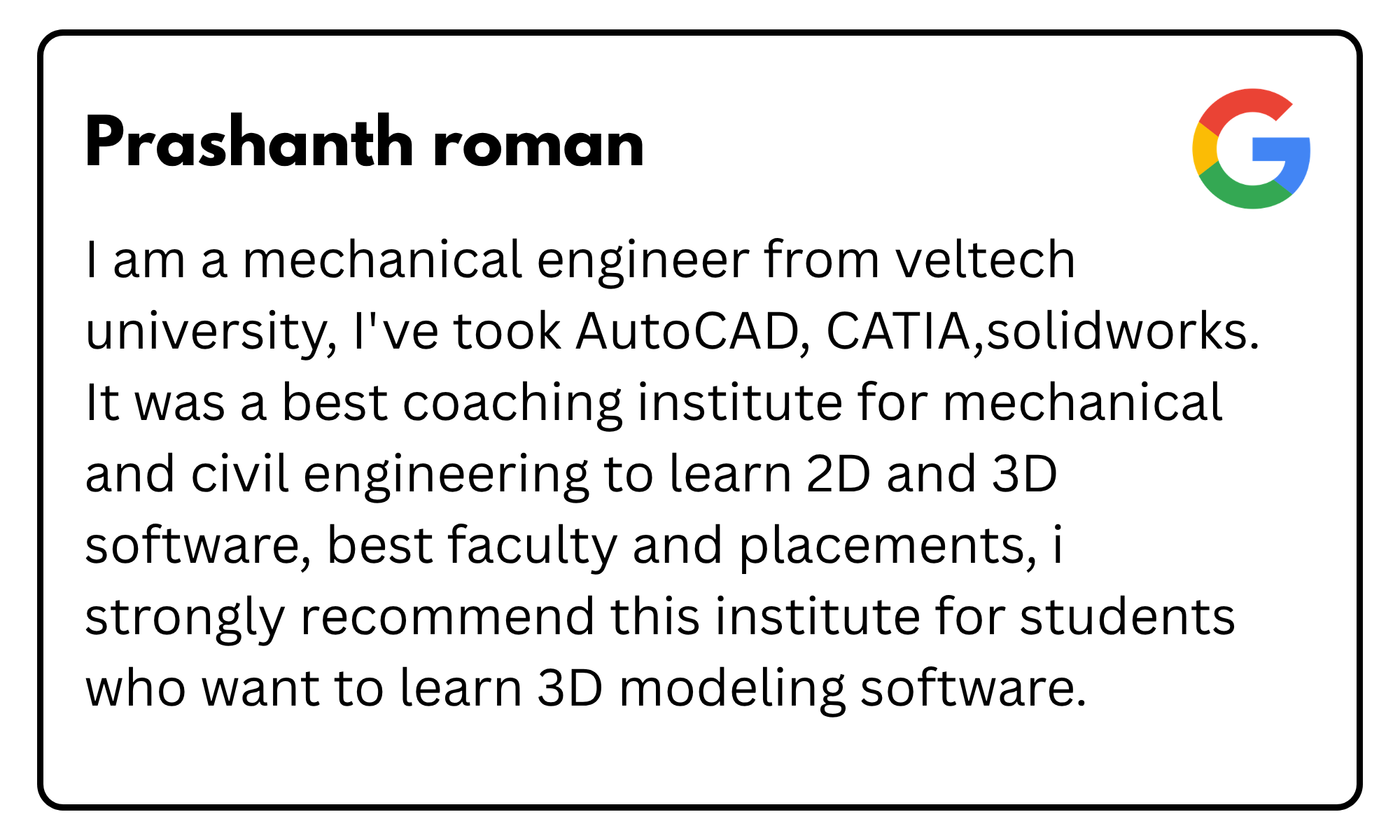 Profile card for Prashanth Roman: mechanical engineer from Veltech University; mentions AutoCAD, CATIA, SolidWorks; Google logo in corner in color.