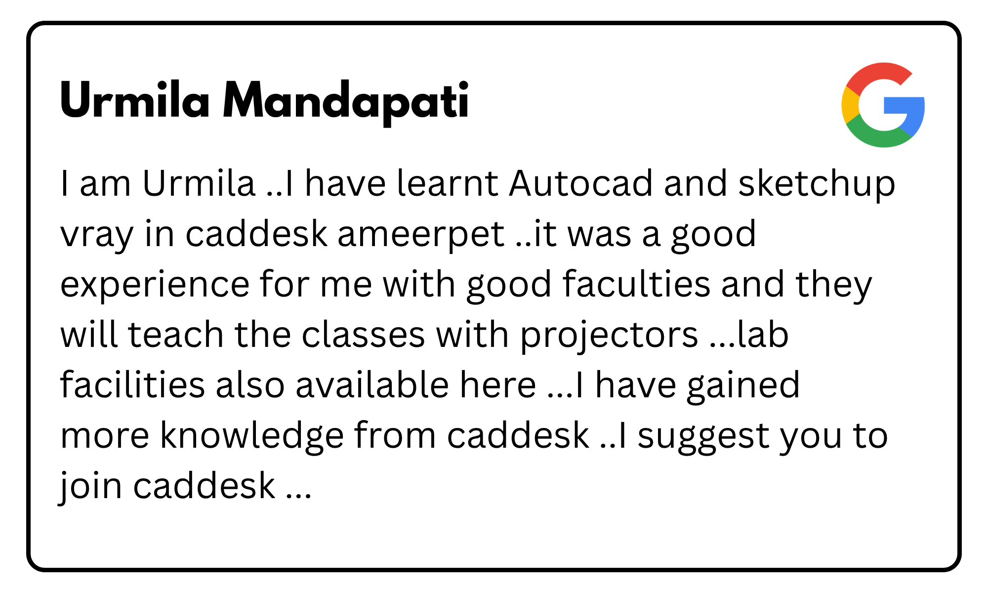 Profile card: Urmila Mandapati’s name on a white rounded rectangle with a Google logo on the right.