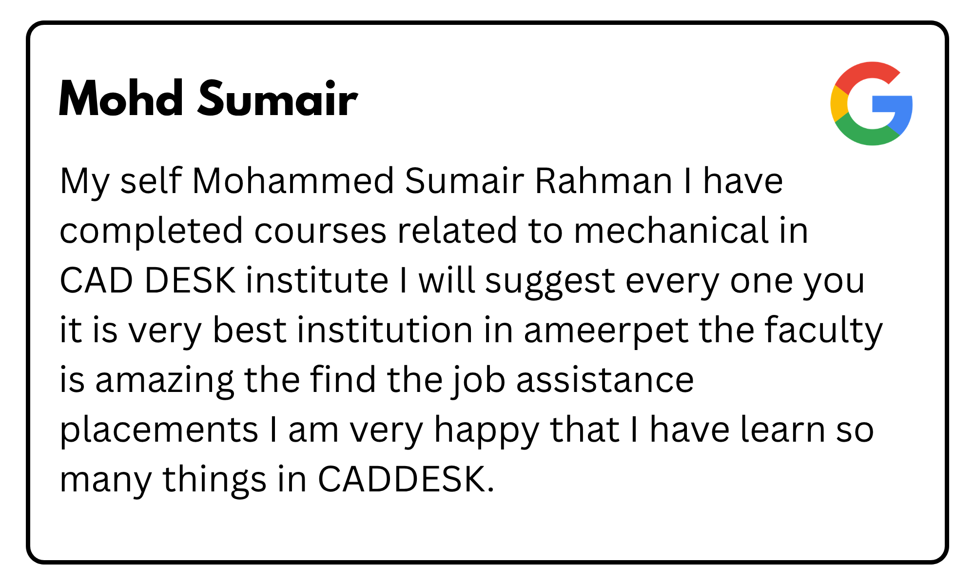 Card-style banner with the bold name 'Mohd Sumair' on the left and a long paragraph about CAD DESK courses, Google logo on the right top corner.