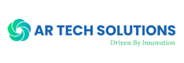 AR Tech Solutions logo featuring a teal circular swirl icon, blue company name, and green slogan 'Driven By Innovation'.