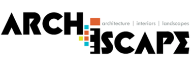 ARCH ESCAPES logo with bold black typography and a colorful block motif; tagline reads architecture | interiors | landscapes.