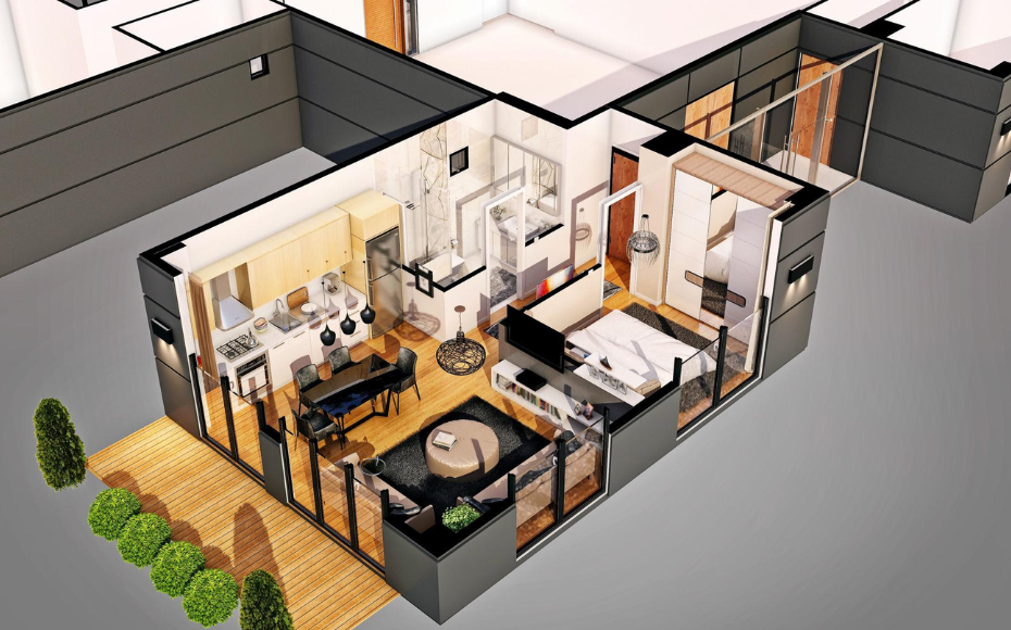 Cutaway isometric view of a modern apartment showing kitchen, dining area, living room, bedroom, bathroom, and a wooden deck with greenery.