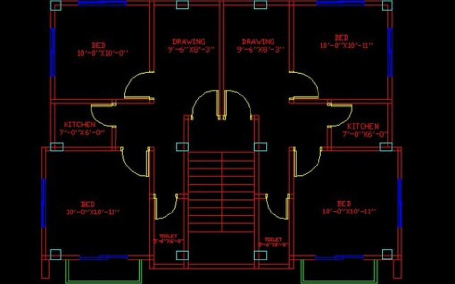 Architectural CAD floor plan of a two-unit building with a central staircase, showing labeled bedrooms, kitchens, and toilets; color-coded walls and doors indicate layout details.