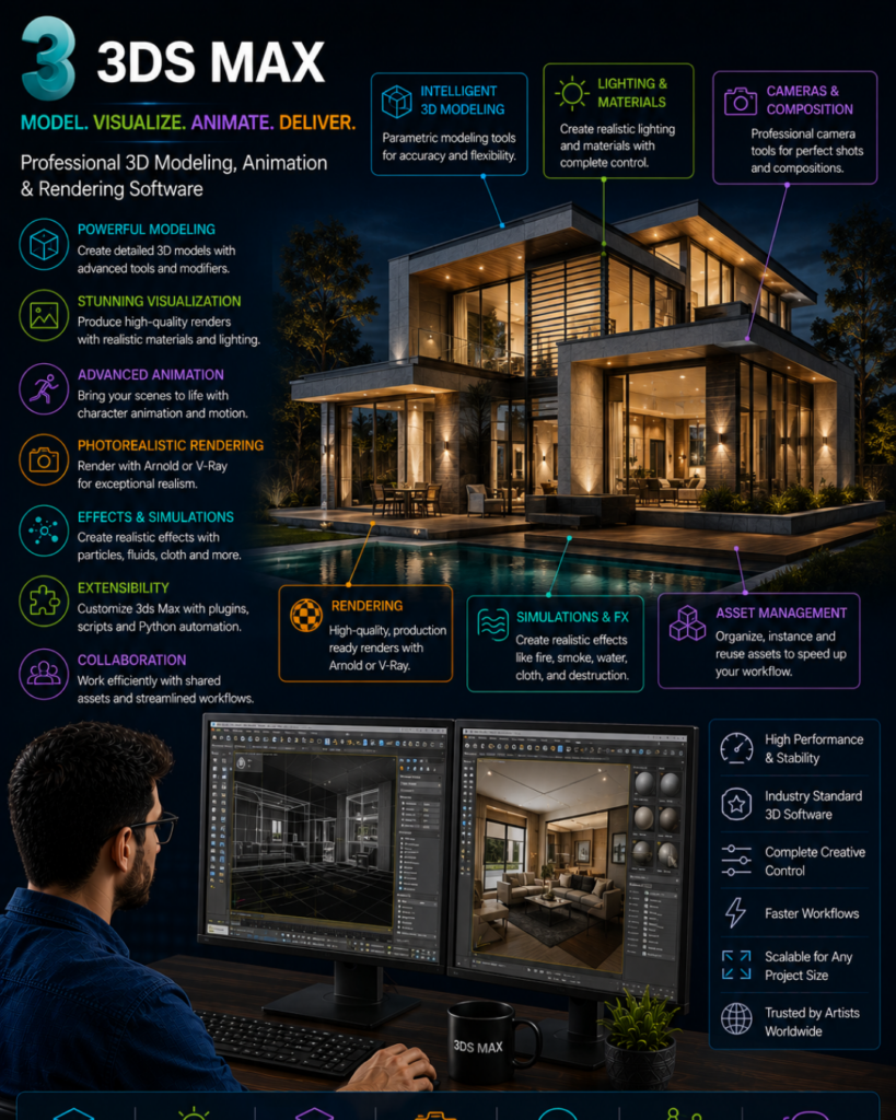 Overview of 3DS Max features—modeling, visualization, animation, rendering—around a modern glass house at night with a designer at a dual-monitor workstation.