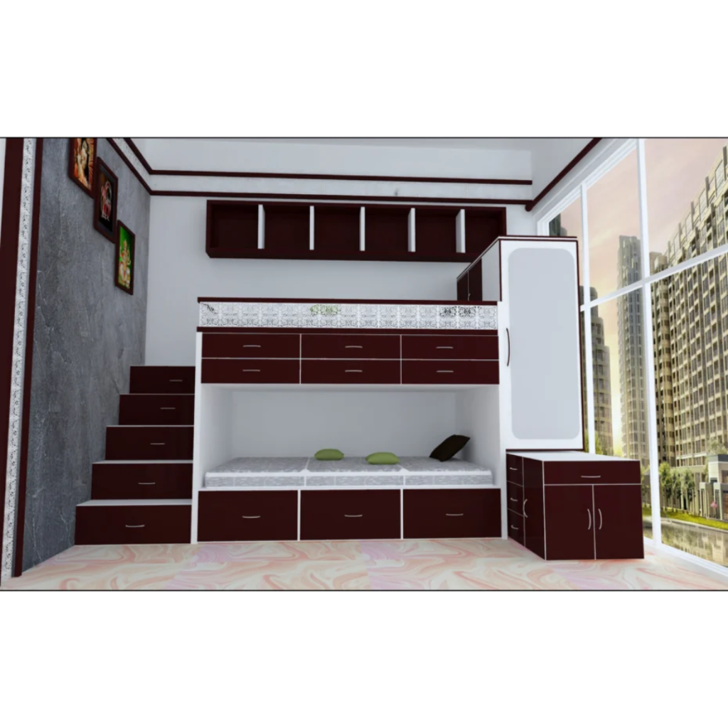 Modern loft bed with built-in stairs, drawers, and wardrobe in a white and burgundy color scheme.