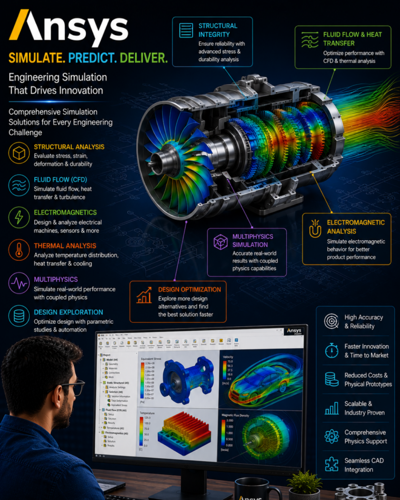 Ansys engineering simulation infographic showing a cutaway turbine with color‑coded modules: structural, CFD, electromagnetics, and multiphysics.