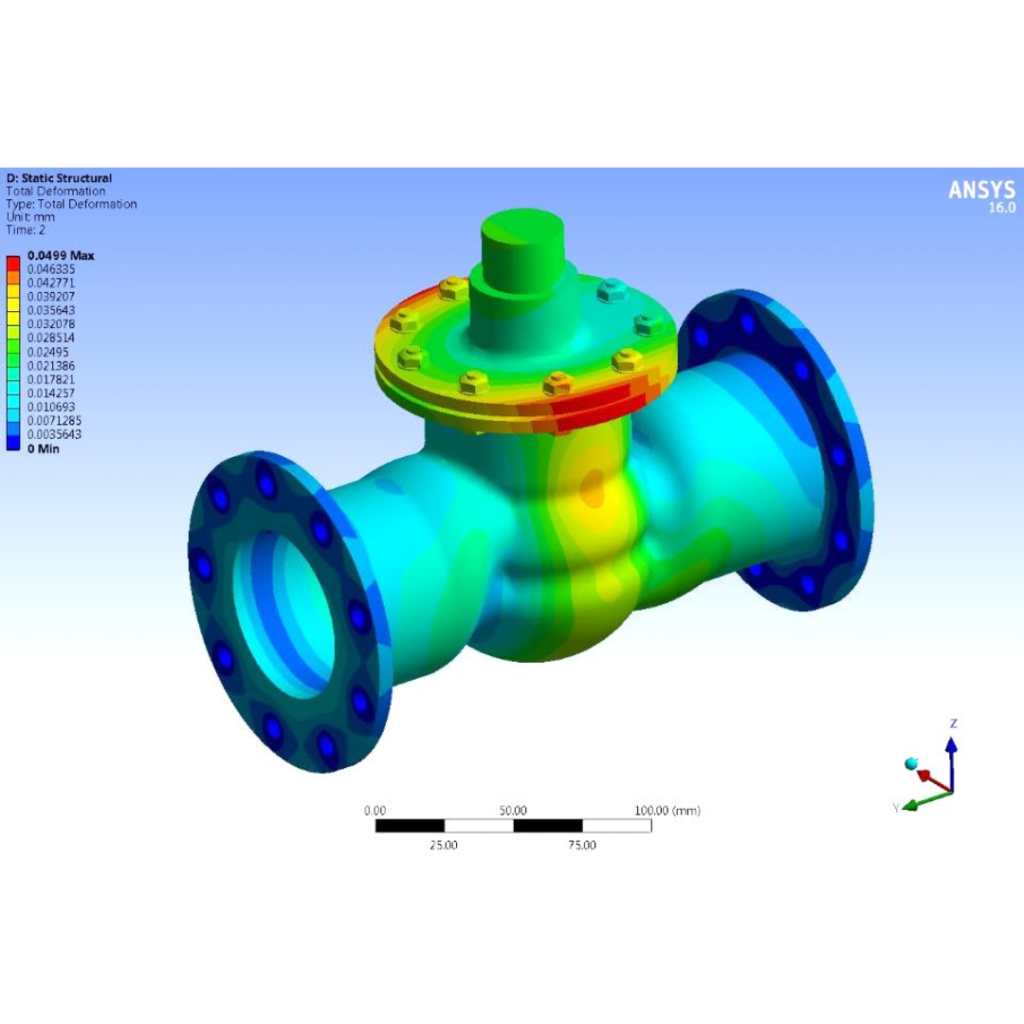 Color-coded finite element analysis of a flanged valve showing deformation and stress distribution across the part (ANSYS).