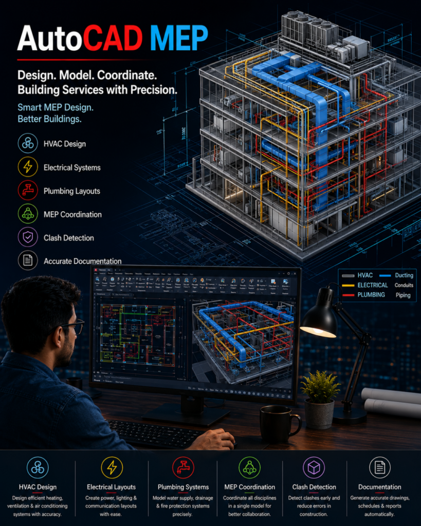 Infographic poster for AutoCAD MEP showing a 3D building with color‑coded HVAC, electrical and plumbing lines, plus a designer at a workstation reviewing CAD diagrams; feature icons and service list along the sides and bottom.