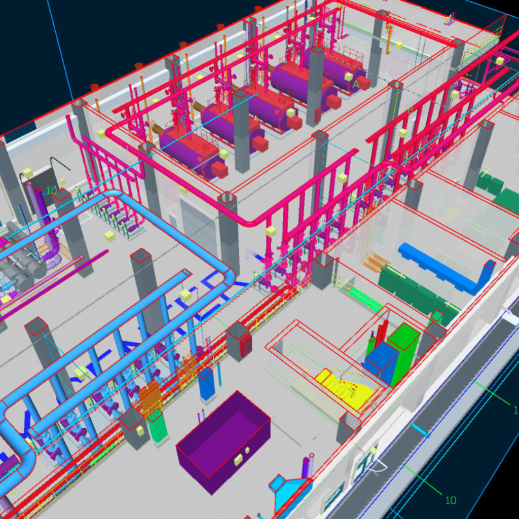 3D isometric rendering of an industrial plant with colorful pipes, tanks, and machinery across multiple levels and areas.