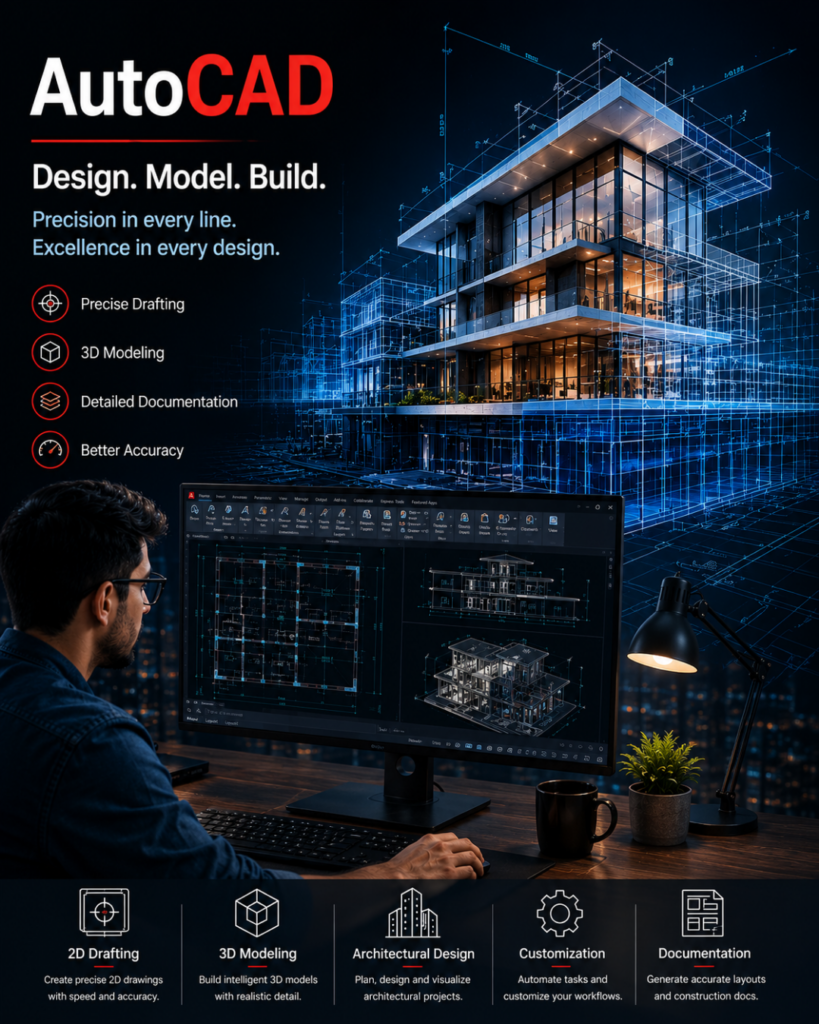 AutoCAD advertisement: a designer at a desk working on a bluebuilding CAD model with blueprints and feature icons for 2D drafting, 3D modeling, architectural design, customization, and documentation on screen and bottom panel.