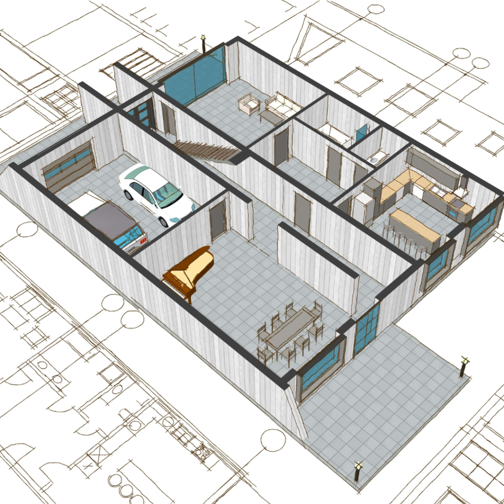 Isometric cutaway of a modern house showing interior rooms: a two-car garage, kitchen and dining area, living room, hallway, and stairwell, with blueprint outlines in the background.