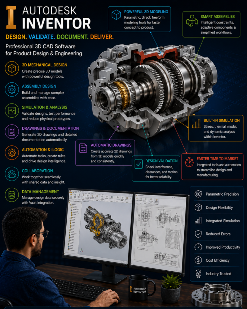 Infographic for Autodesk Inventor listing features: 3D mechanical design, assembly design, simulation, automatic drawings, and design validation.