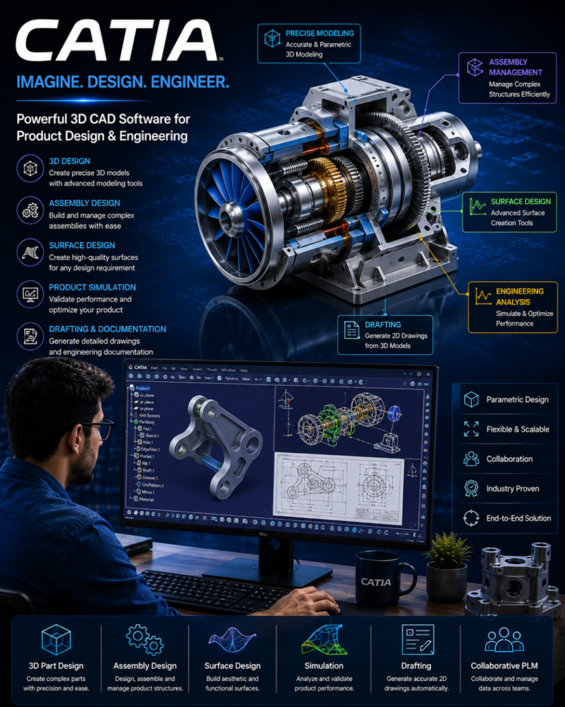 CATIA promotional poster showing a detailed 3D engine model with feature callouts for modeling, assembly, surface design, drafting, and simulation.
