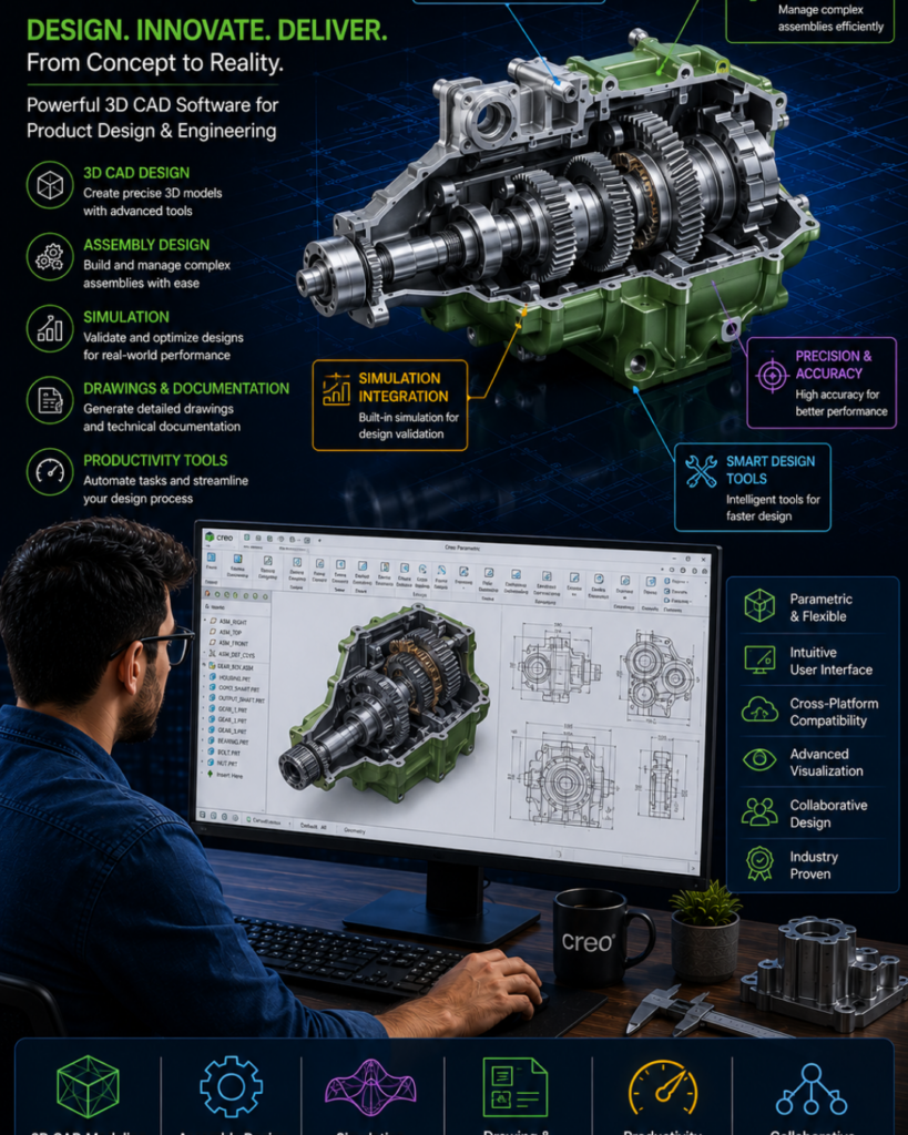 Engineer analyzes a detailed 3D CAD gearbox model on a large monitor, with feature callouts and a bottom toolbar highlighting design tools.