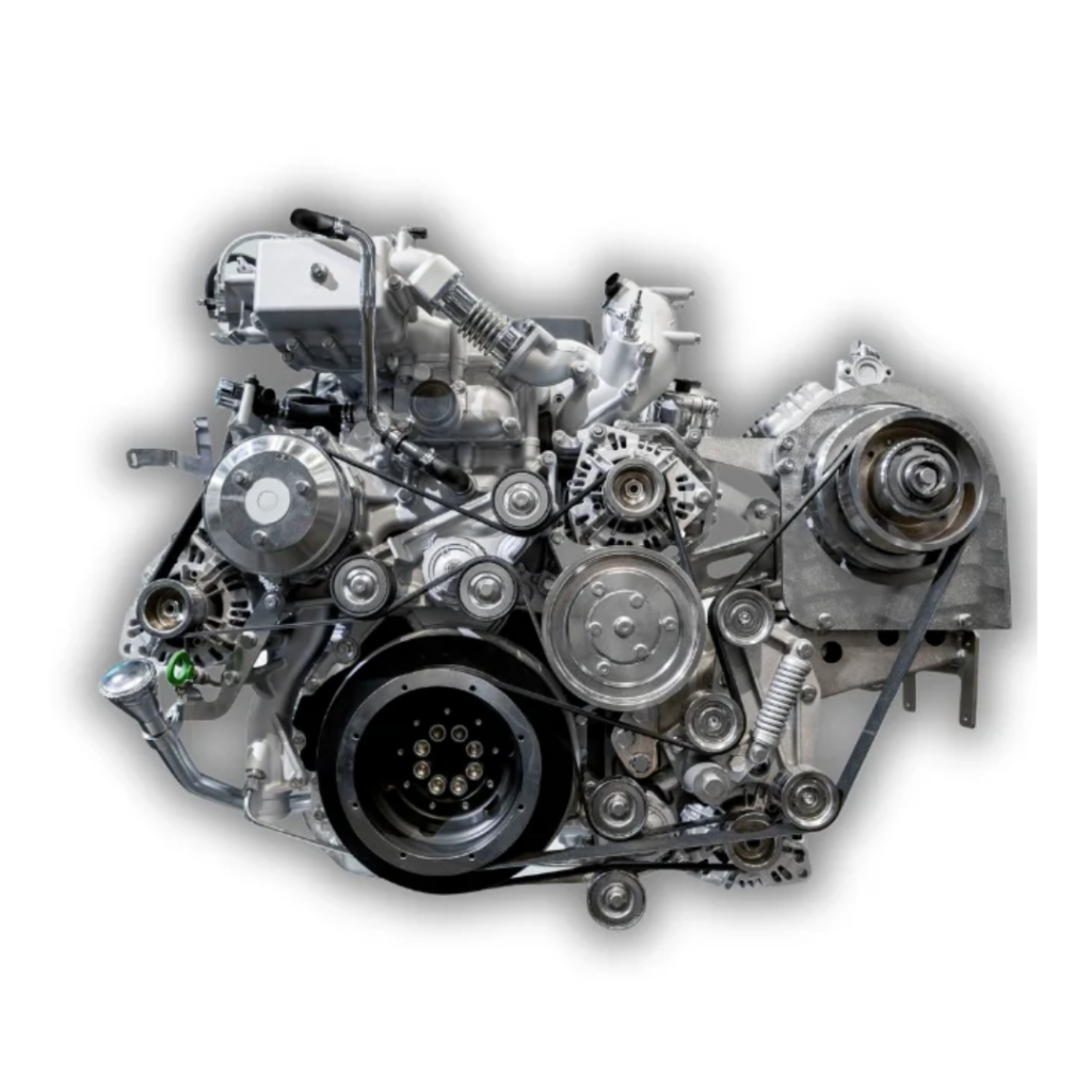 Automotive engine assembly with belts and pulleys visible in a serpentine drive system