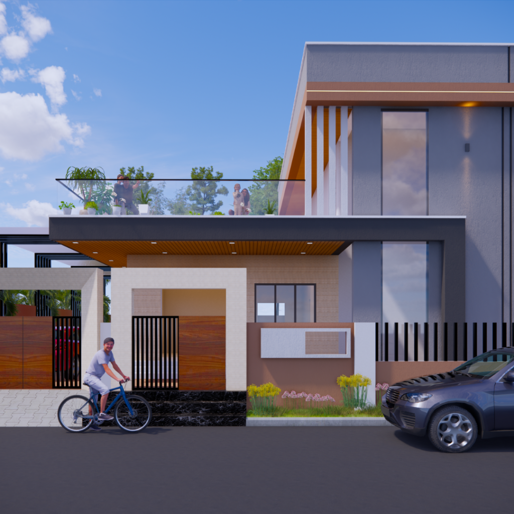 Modern two-story house with a glass balcony, front garden plants, a man riding a bicycle on the sidewalk, and a parked car in front.